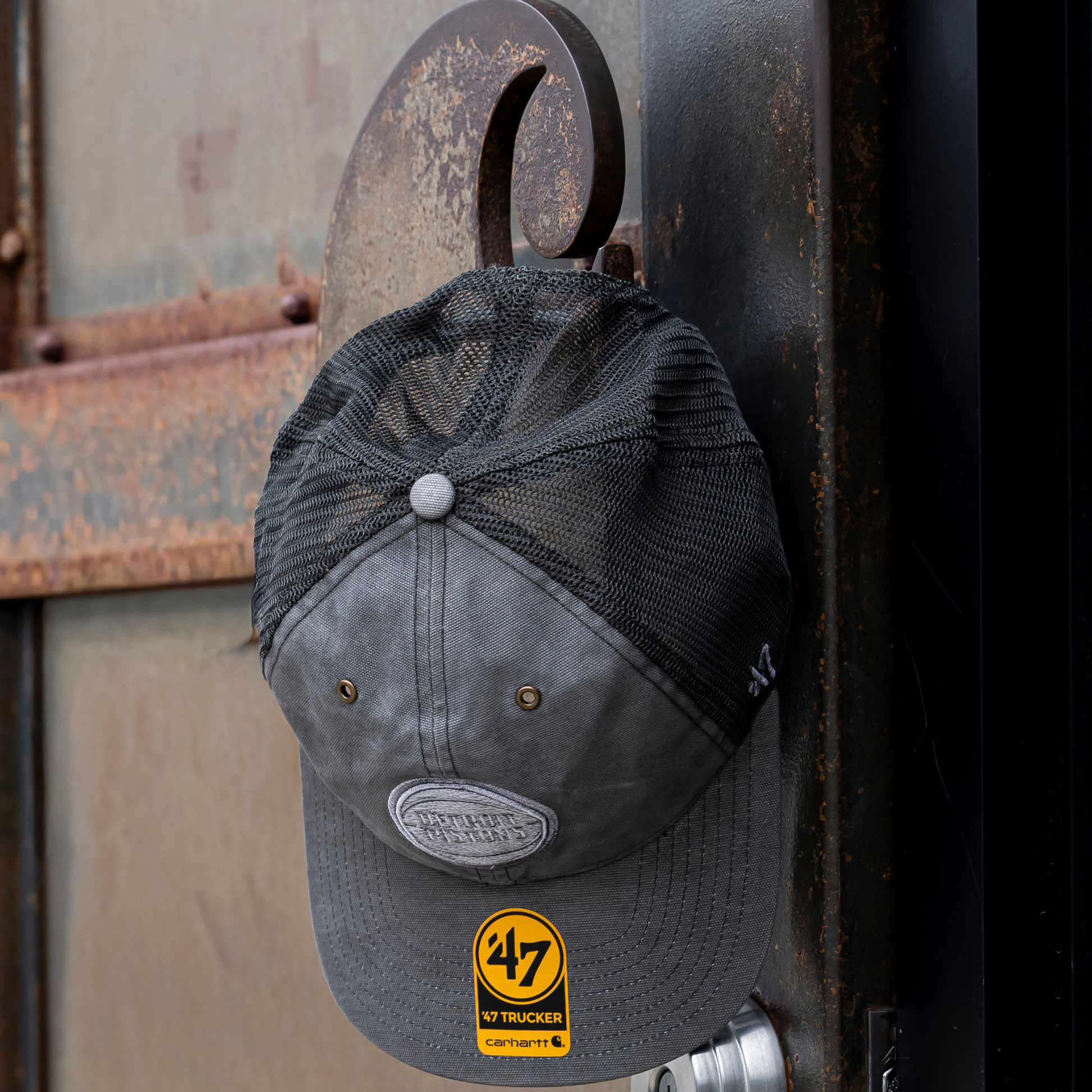 Detroit Pistons 47 Brand x Carhartt Washed Trucker Hat in Grey - Front View
