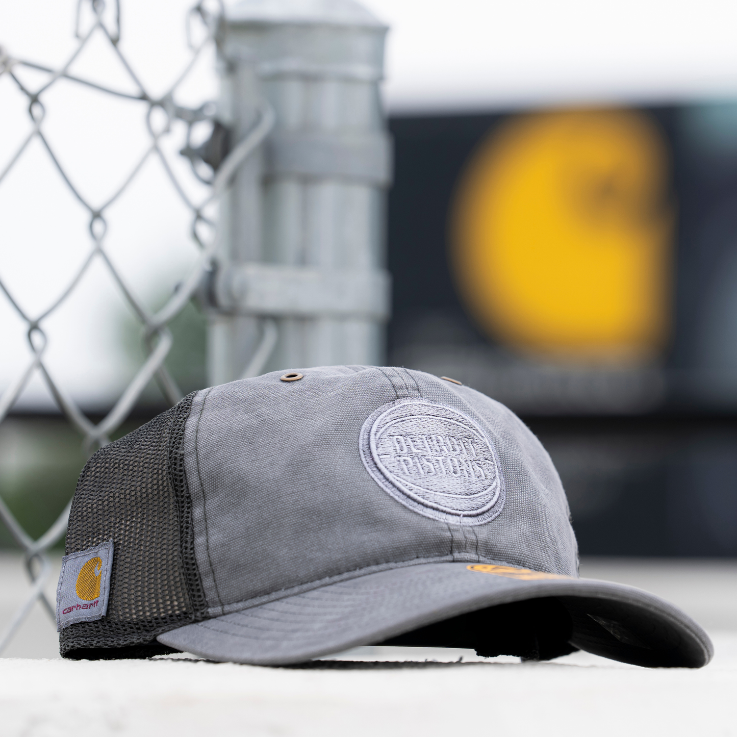 Detroit Pistons 47 Brand x Carhartt Washed Trucker Hat in Grey - Front View