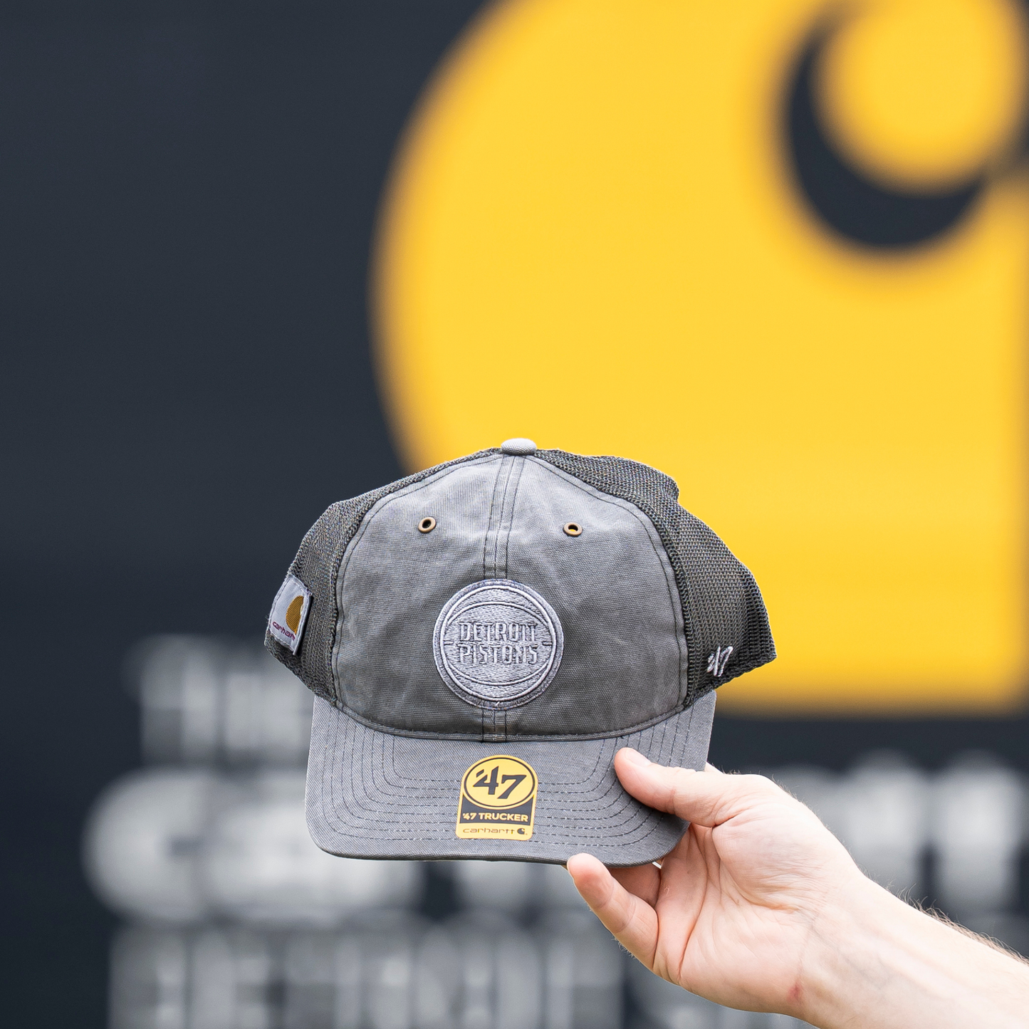 Detroit Pistons 47 Brand x Carhartt Washed Trucker Hat in Grey - Front View