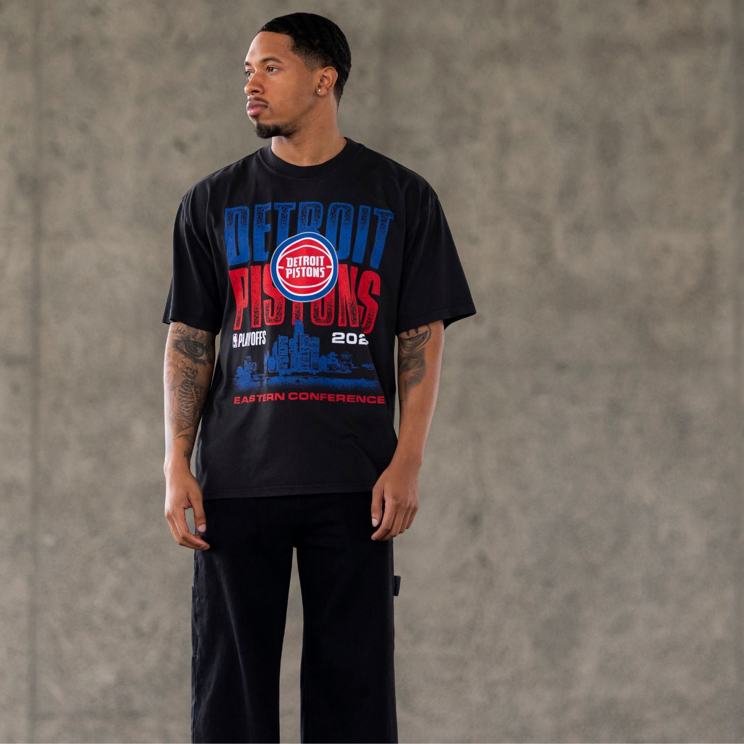 Detroit Pistons Playoffs '26 Skyline T-Shirt in Black - Front View