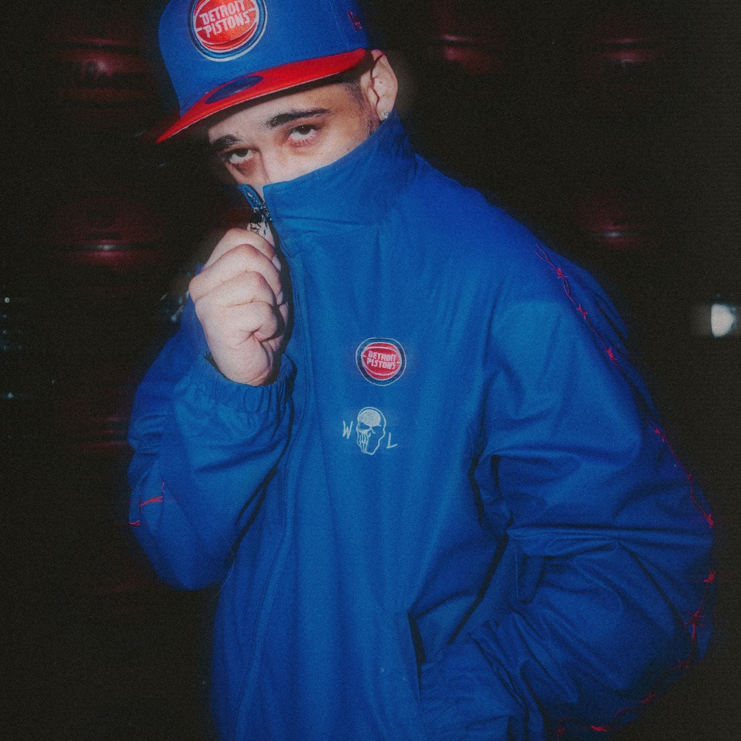 Model Wearing Warren Lotas x Detroit Pistons Barbed Wire Full Zip Jacket