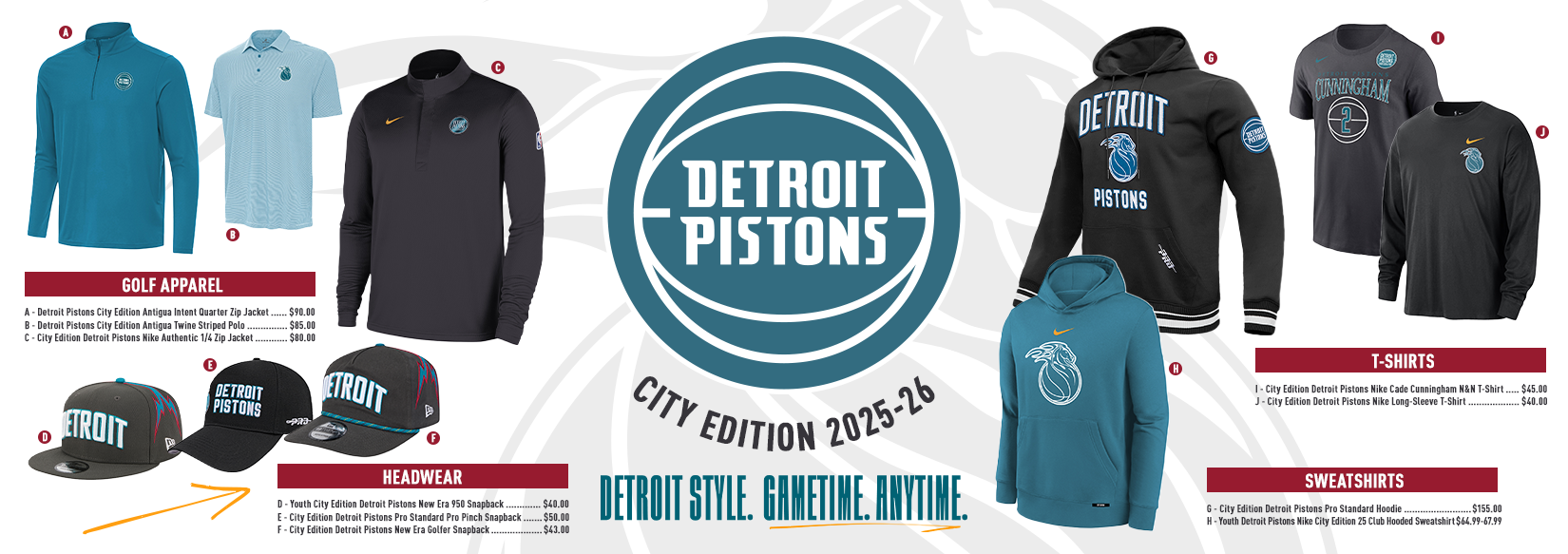 Graphic featuring the 2025-26 Detroit Pistons City Edition collection with Detroit-themed teal and black designs. Products shown include golf polos, quarter-zip jackets, a Nike pullover, City Edition hoodies, a youth sweatshirt, Cade Cunningham name and number T-shirt, long-sleeve shirt, and three hats including New Era and Pro Standard snaps. Center features a large round Detroit Pistons City Edition logo with the text ‘Detroit Style. Gametime. Anytime.’