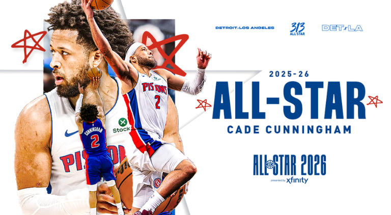 Cade Cunningham in action with All-Star 2025-26 and Cade Cunningham text on a white background
