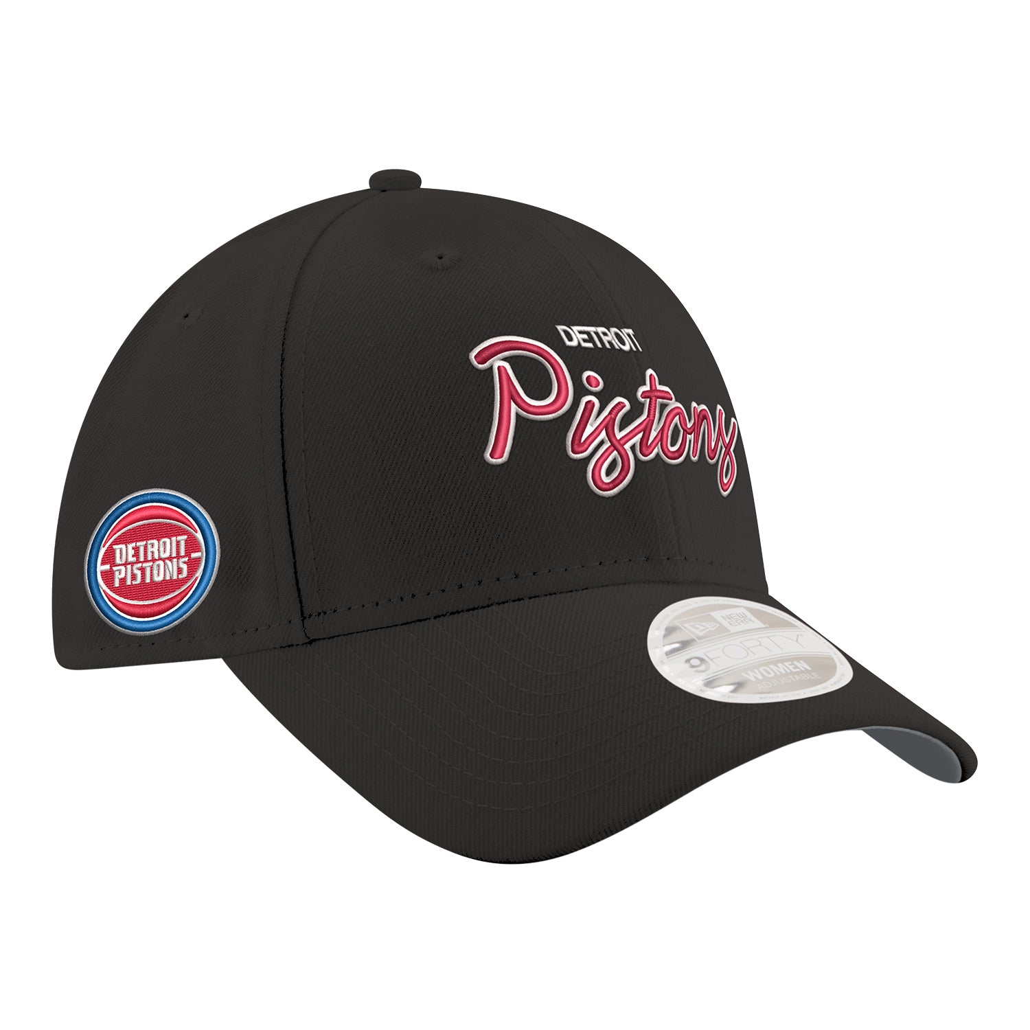 Ladies Detroit Pistons New Era 920 Metallic Script Hat in Black - Front Right View