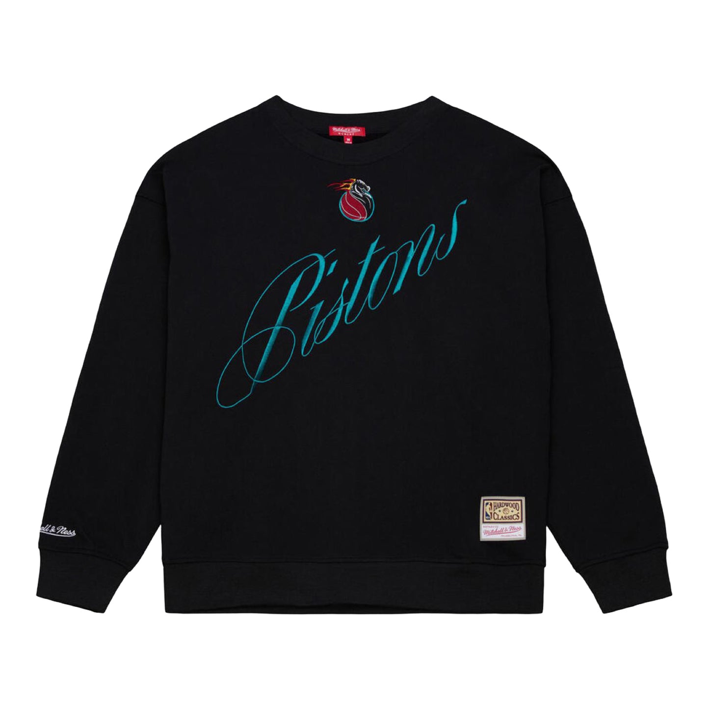 Ladies Detroit Pistons Mitchell & Ness Script Lightweight Crewneck Sweatshirt in Black - Front View