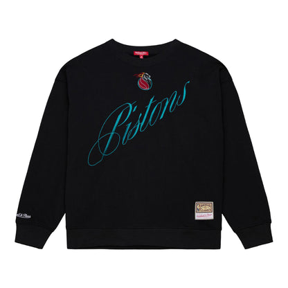 Ladies Detroit Pistons Mitchell & Ness Script Lightweight Crewneck Sweatshirt in Black - Front View