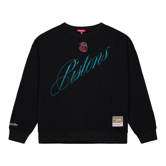 Ladies Detroit Pistons Mitchell & Ness Script Lightweight Crewneck Sweatshirt in Black - Front View