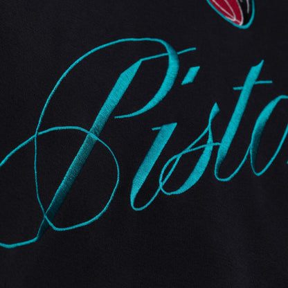 Ladies Detroit Pistons Mitchell & Ness Script Lightweight Crewneck Sweatshirt in Black - Embroidery View