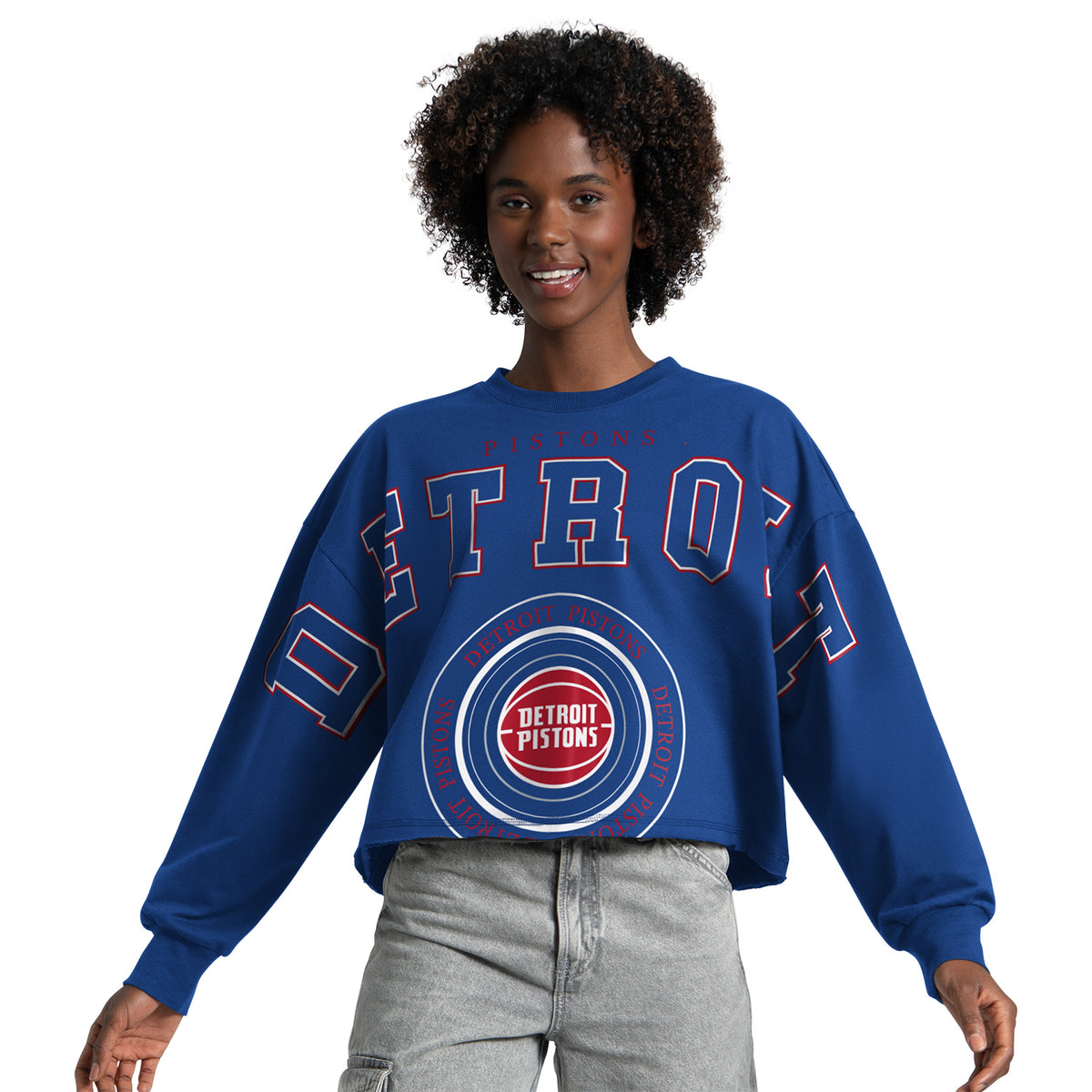 Ladies Detroit Pistons GIII Bleachers Cropped Pullover in Blue - Front View