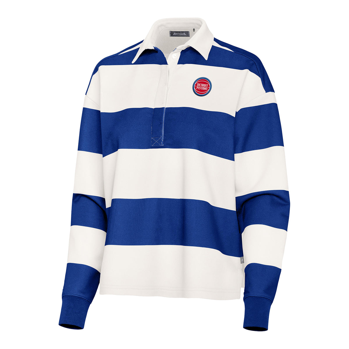 Ladies Detroit Pistons Antigua Rugby Sweater - Front View