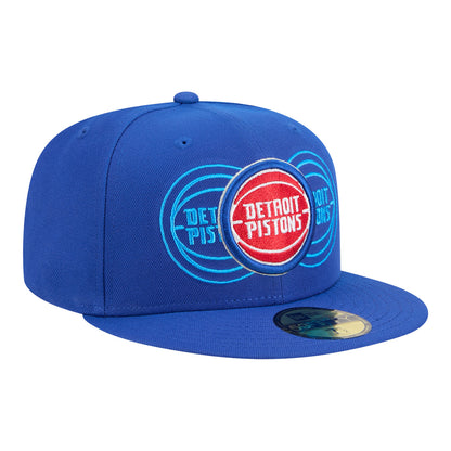 Detroit Pistons New Era 5950 Tri-Logo Fitted Hat in Blue - Front Right View