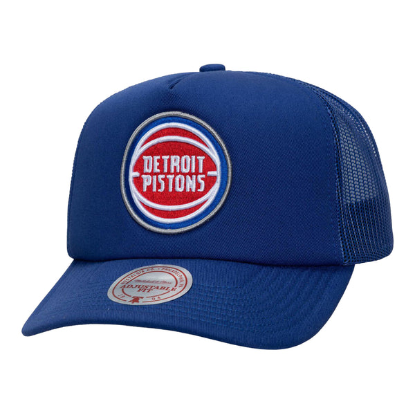Detroit Pistons Mitchell & Ness Evergreen Trucker Hat in Blue - Front View