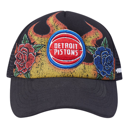 Detroit Pistons Pro Standard Fire and Roses Pro Pinch Trucker Hat in Black - Front View