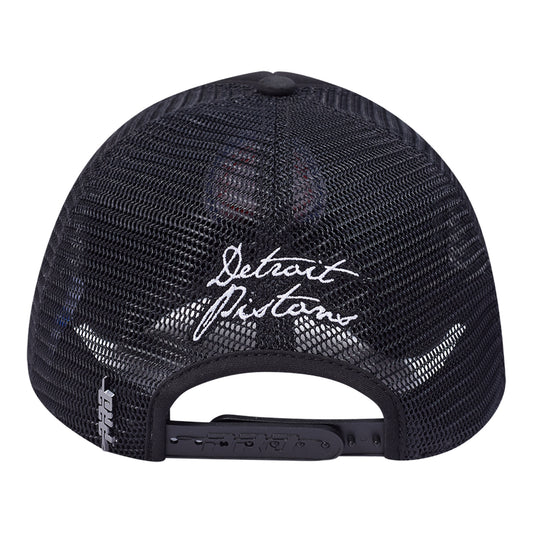 Detroit Pistons Pro Standard Fire and Roses Pro Pinch Trucker Hat in Black - Back View