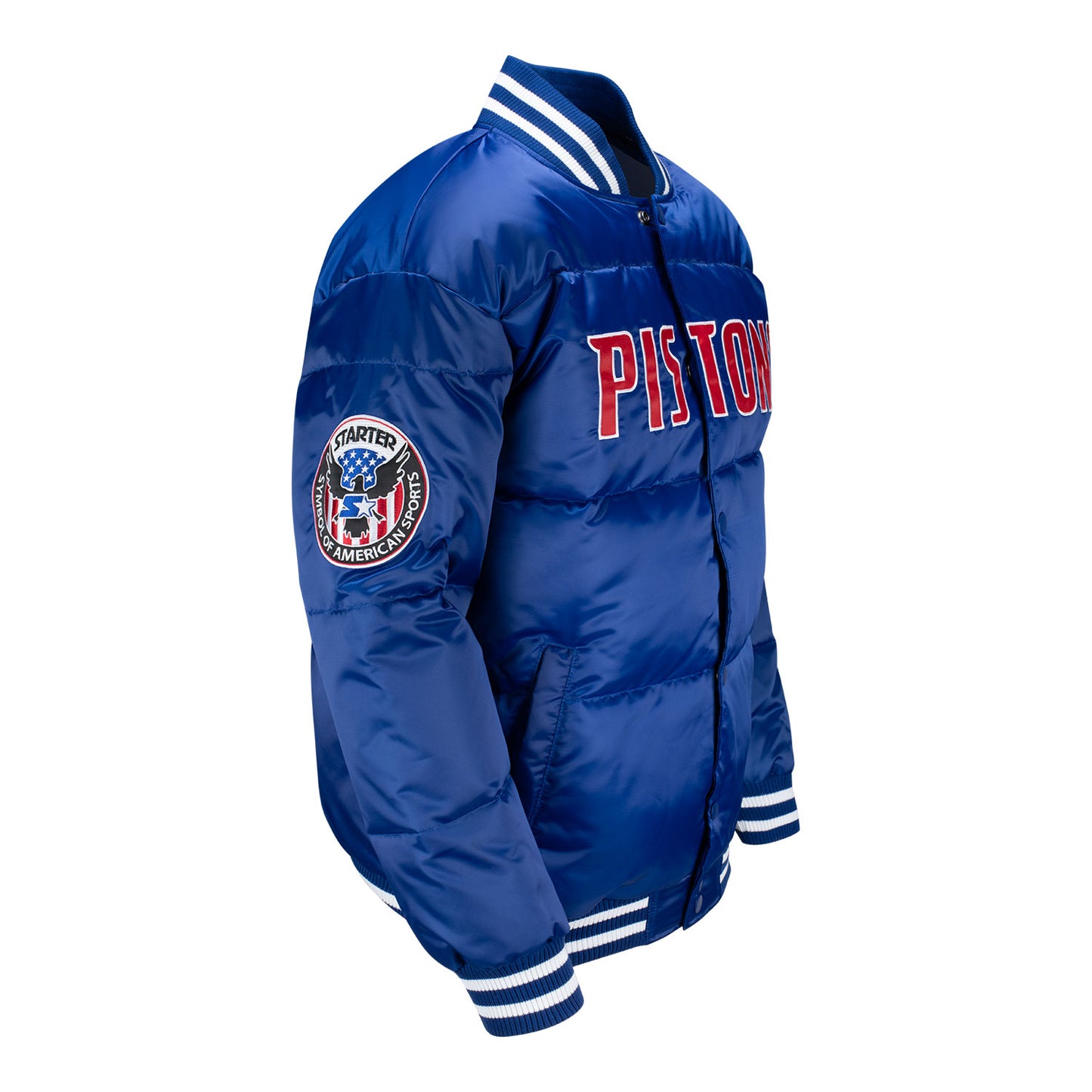 PISTONS X TY MOPKINS DETROIT PISTONS DOWN BUBBLE JACKET IN BLUE - FRONT RIGHT VIEW