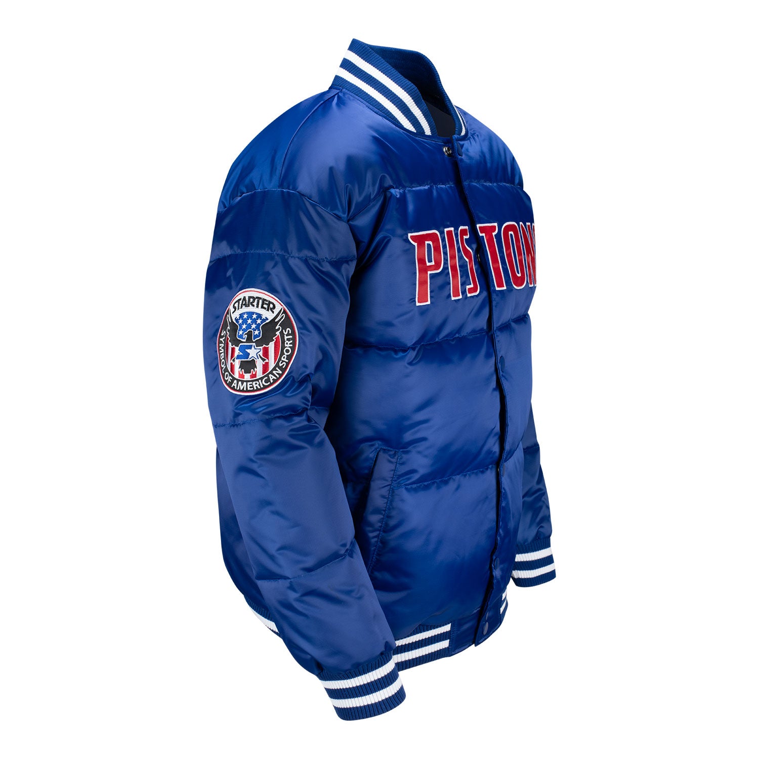 PISTONS X TY MOPKINS DETROIT PISTONS DOWN BUBBLE JACKET IN BLUE - FRONT RIGHT VIEW