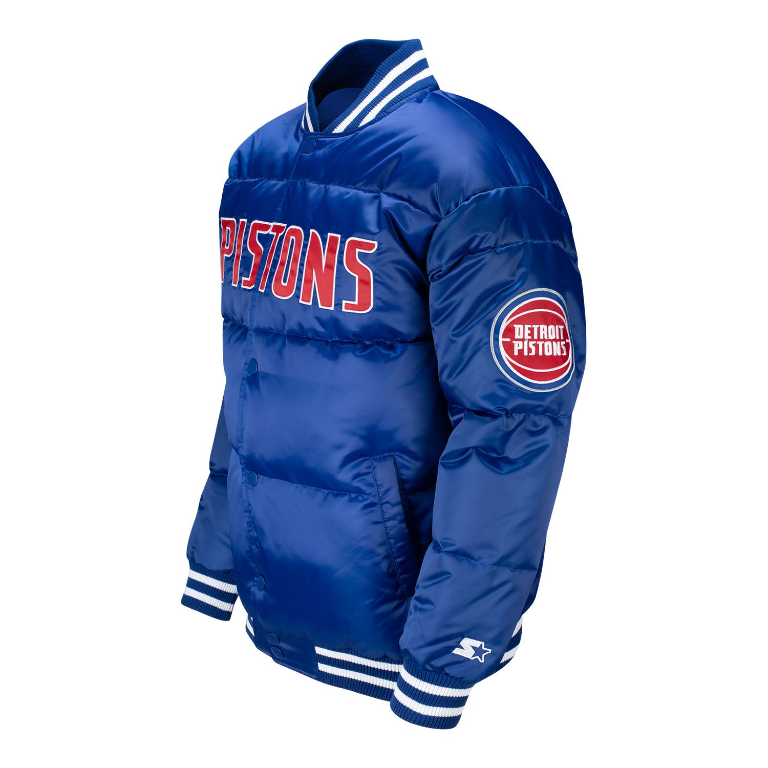 PISTONS X TY MOPKINS DETROIT PISTONS DOWN BUBBLE JACKET IN BLUE - FRONT LEFT VIEW
