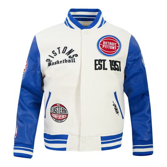Detroit Pistons Pro Standard Modern Originals Varsity Jacket in White - Front View