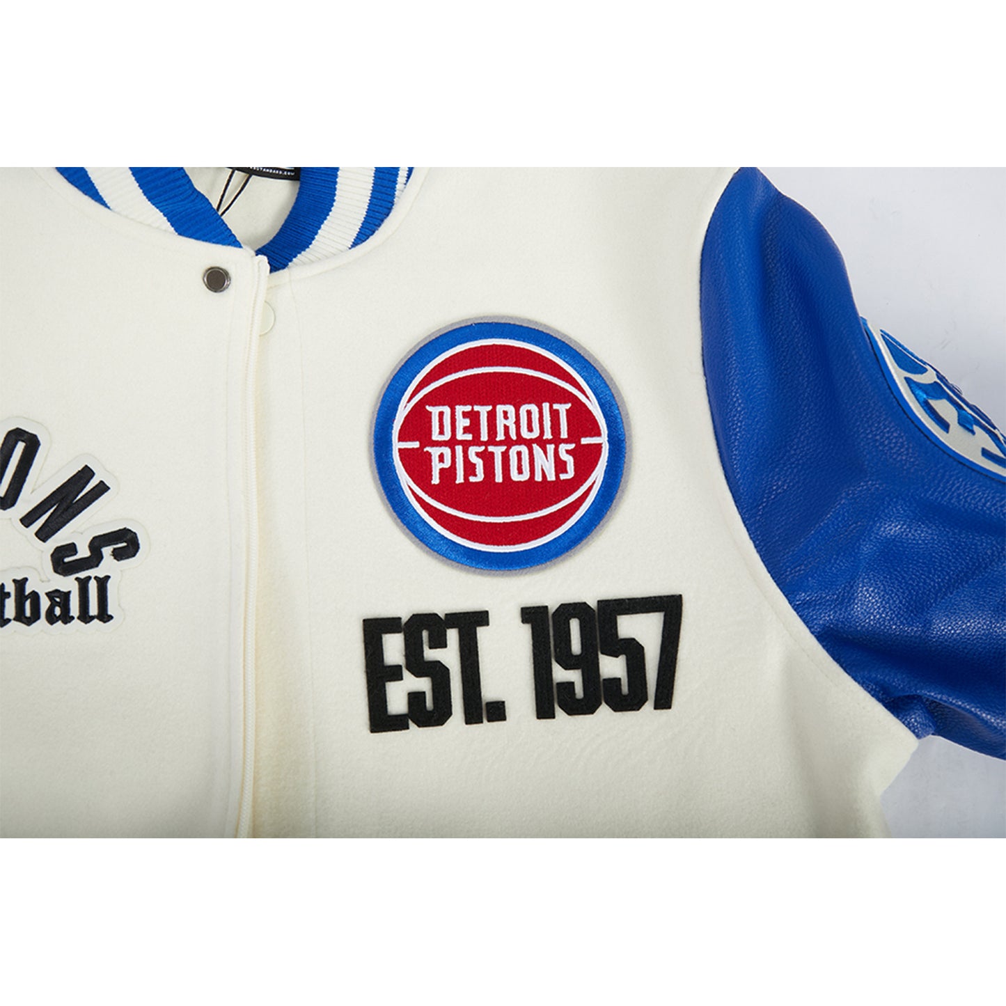 Detroit Pistons Pro Standard Modern Originals Varsity Jacket in White - Front Chest View