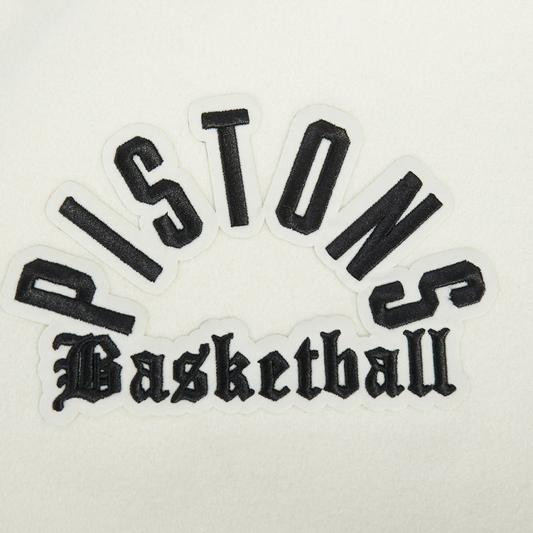 Detroit Pistons Pro Standard Modern Originals Varsity Jacket in White - Logo Detail View