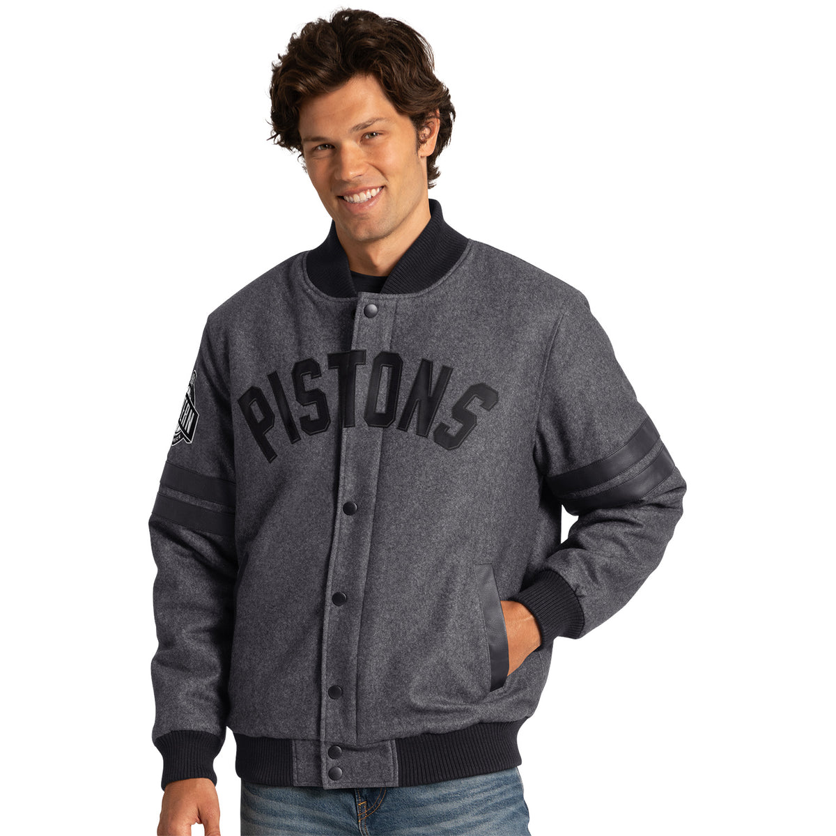 Detroit Pistons GIII Varsity Stripe Jacket in Grey - Front View