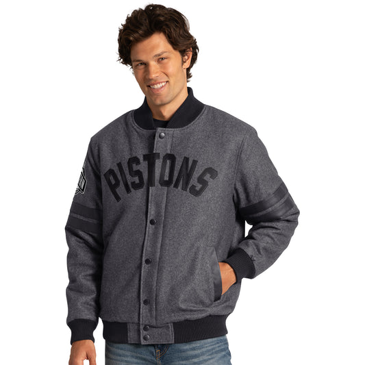 Detroit Pistons GIII Varsity Stripe Jacket in Grey - Front View