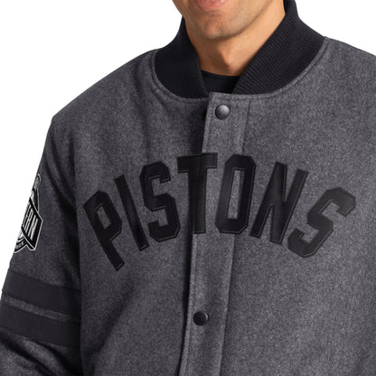 Detroit Pistons GIII Varsity Stripe Jacket in Grey - Front View Close Up