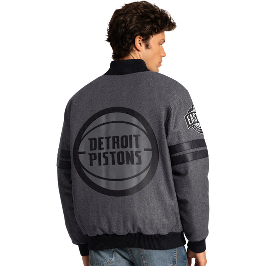 Detroit Pistons GIII Varsity Stripe Jacket in Grey - Back View