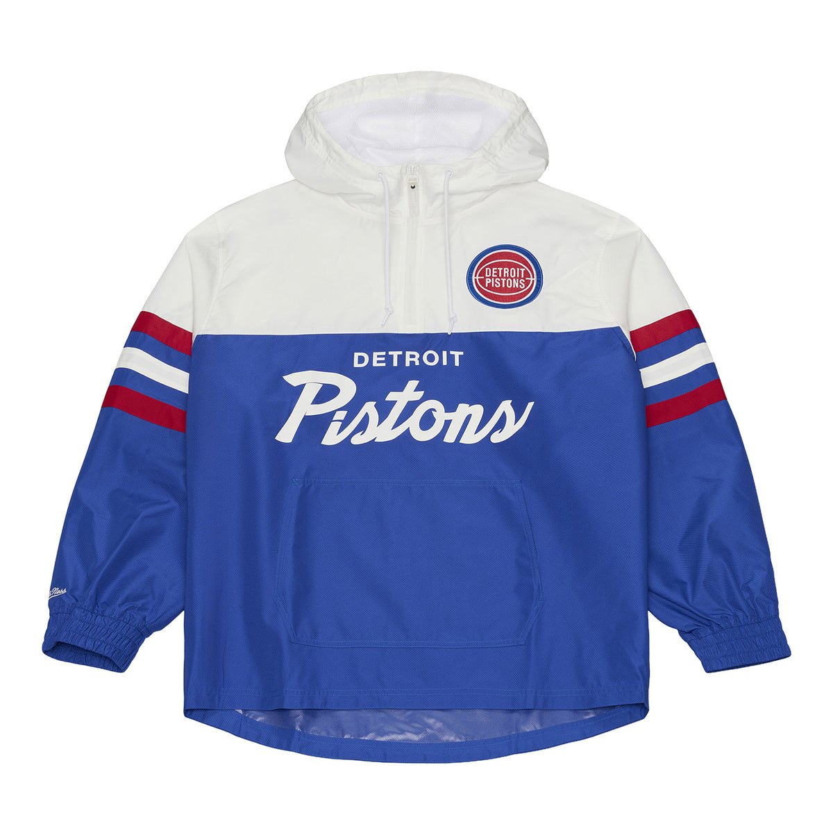 Detroit Pistons Mitchell & Ness Head Coach Anorak 1/2 Zip Jacket in White and Blue - Front View