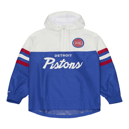 Detroit Pistons Mitchell & Ness Head Coach Anorak 1/2 Zip Jacket in White and Blue - Front View