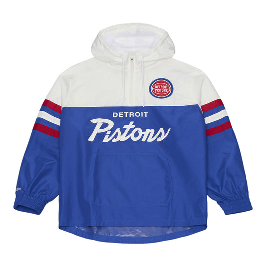 Detroit Pistons Mitchell & Ness Head Coach Anorak 1/2 Zip Jacket in White and Blue - Front View