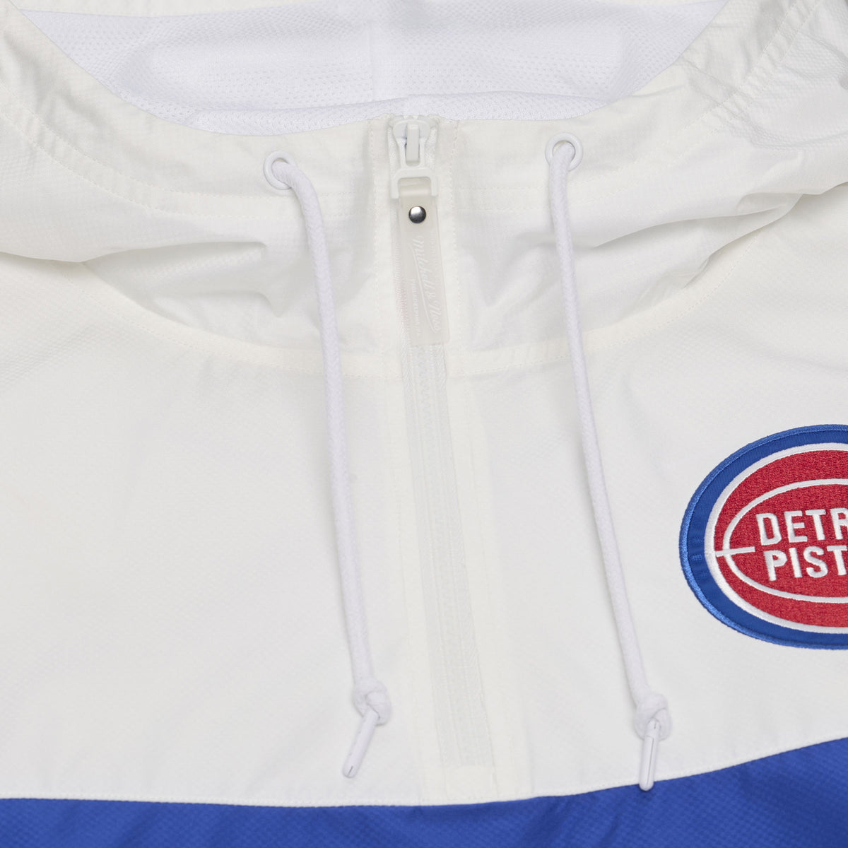 Detroit Pistons Mitchell & Ness Head Coach Anorak 1/2 Zip Jacket in White and Blue - Front View