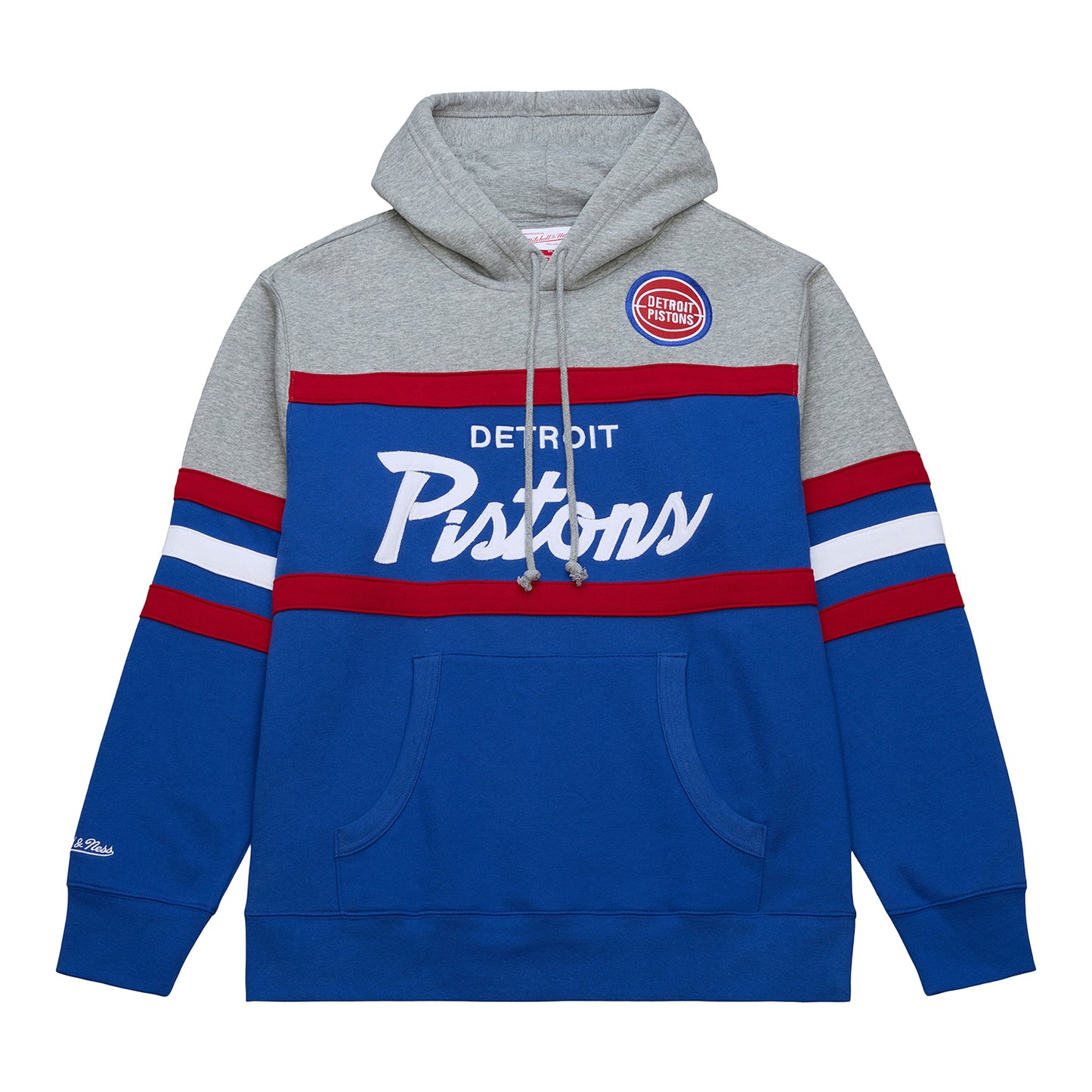 Detroit Pistons Mitchell & Ness Head Coach Hoodie in Grey, Blue, and Red - Front View