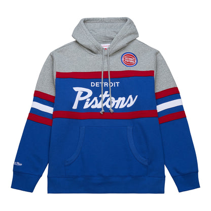 Detroit Pistons Mitchell & Ness Head Coach Hoodie in Grey, Blue, and Red - Front View