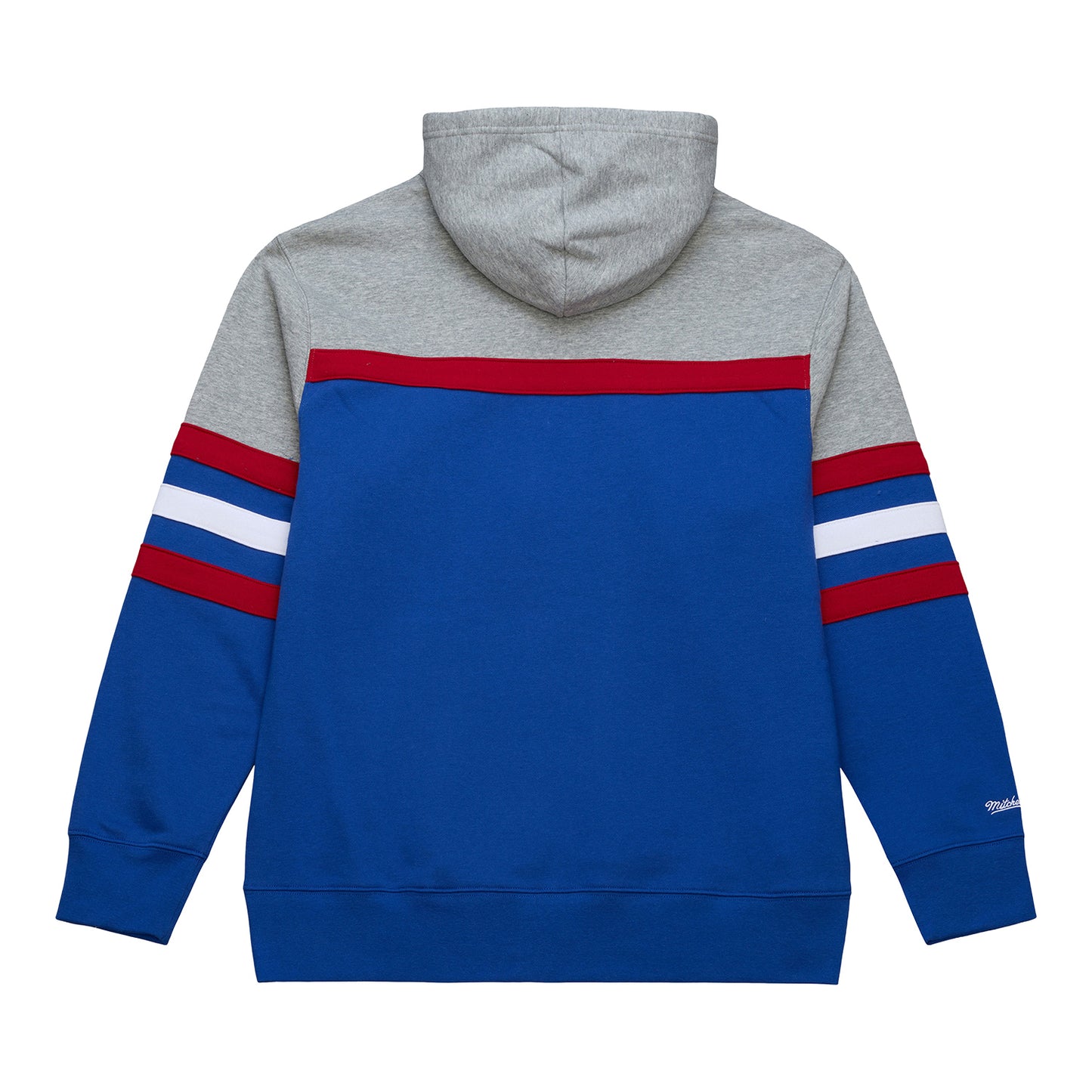 Detroit Pistons Mitchell & Ness Head Coach Hoodie in Grey, Blue, and Red - Back View