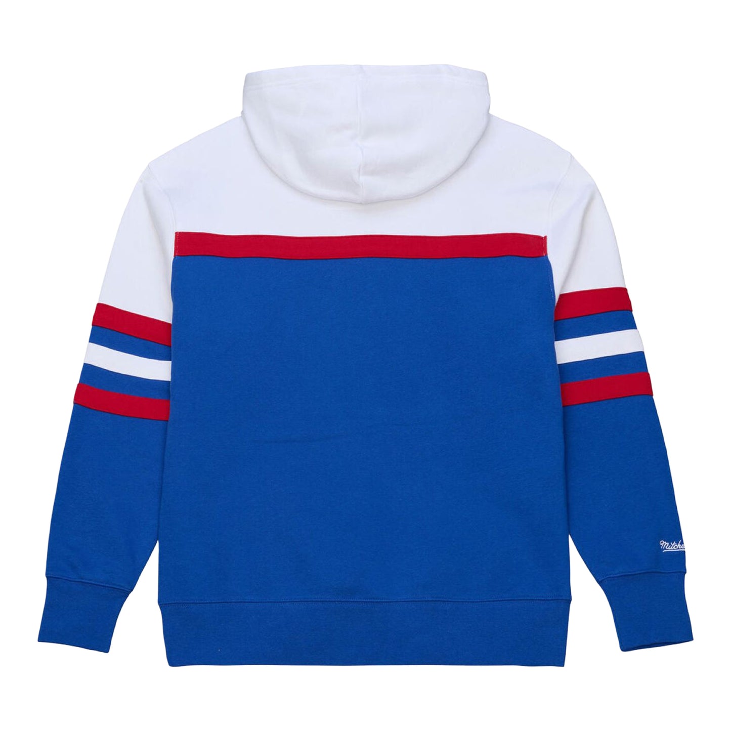 Detroit Pistons Mitchell & Ness Head Coach Hooded Sweatshirt in White red and Blue - Back View
