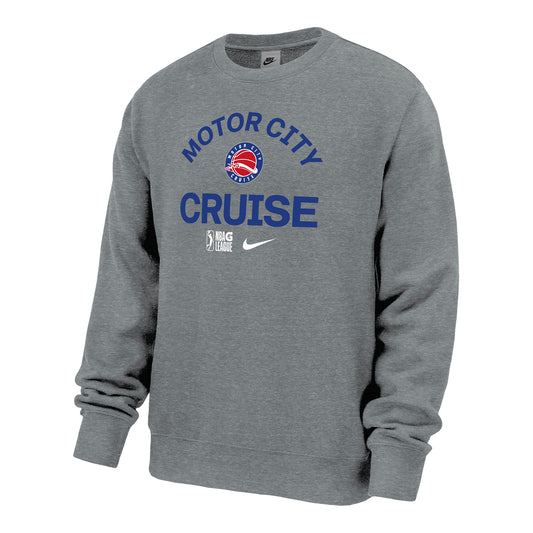 Motor City Cruise Nike Club Fleece Crewneck Sweatshirt in Grey - Front View