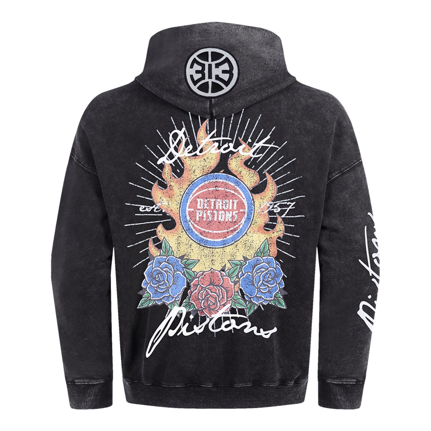Detroit Pistons Pro Standard Fire And Roses Hooded Sweatshirt in Black - Back View