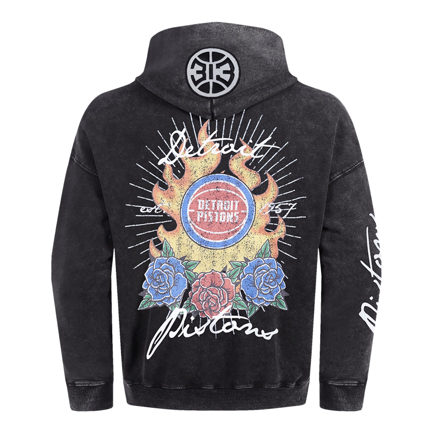 Detroit Pistons Pro Standard Fire And Roses Hooded Sweatshirt in Black - Back View
