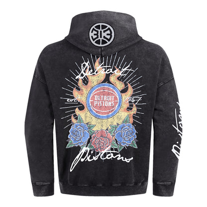 Detroit Pistons Pro Standard Fire And Roses Hooded Sweatshirt in Black - Back View