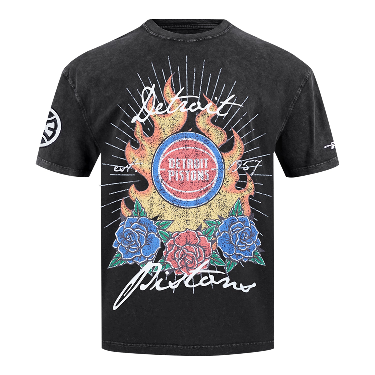 Detroit Pistons Pro Standard Fire And Roses T-Shirt in Blue - Front View