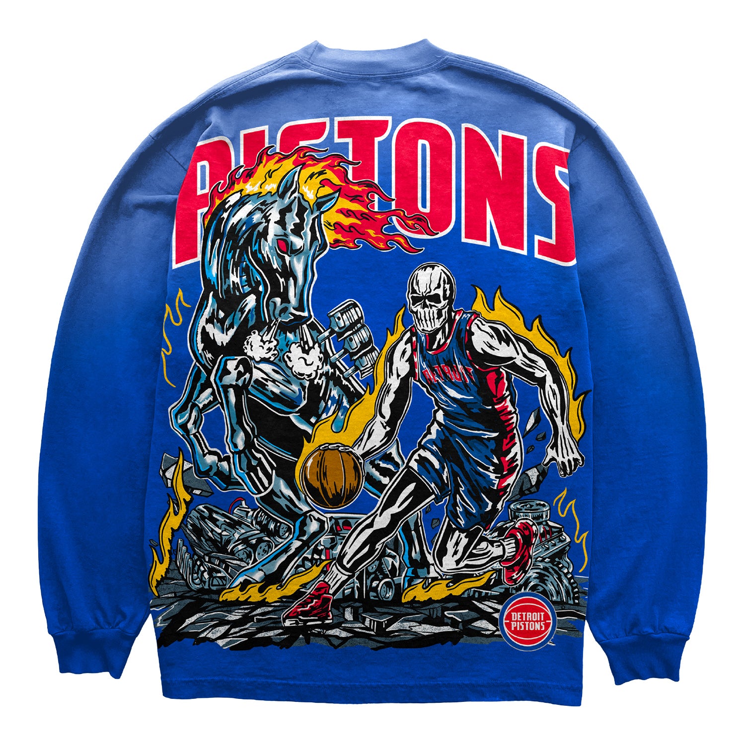 Warren Lotas x Detroit Pistons Detroit Horsepower 2 Long Sleeve T-Shirt in Blue - Back View