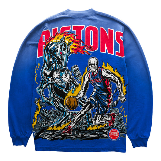 Warren Lotas x Detroit Pistons Detroit Horsepower 2 Long Sleeve T-Shirt in Blue - Back View