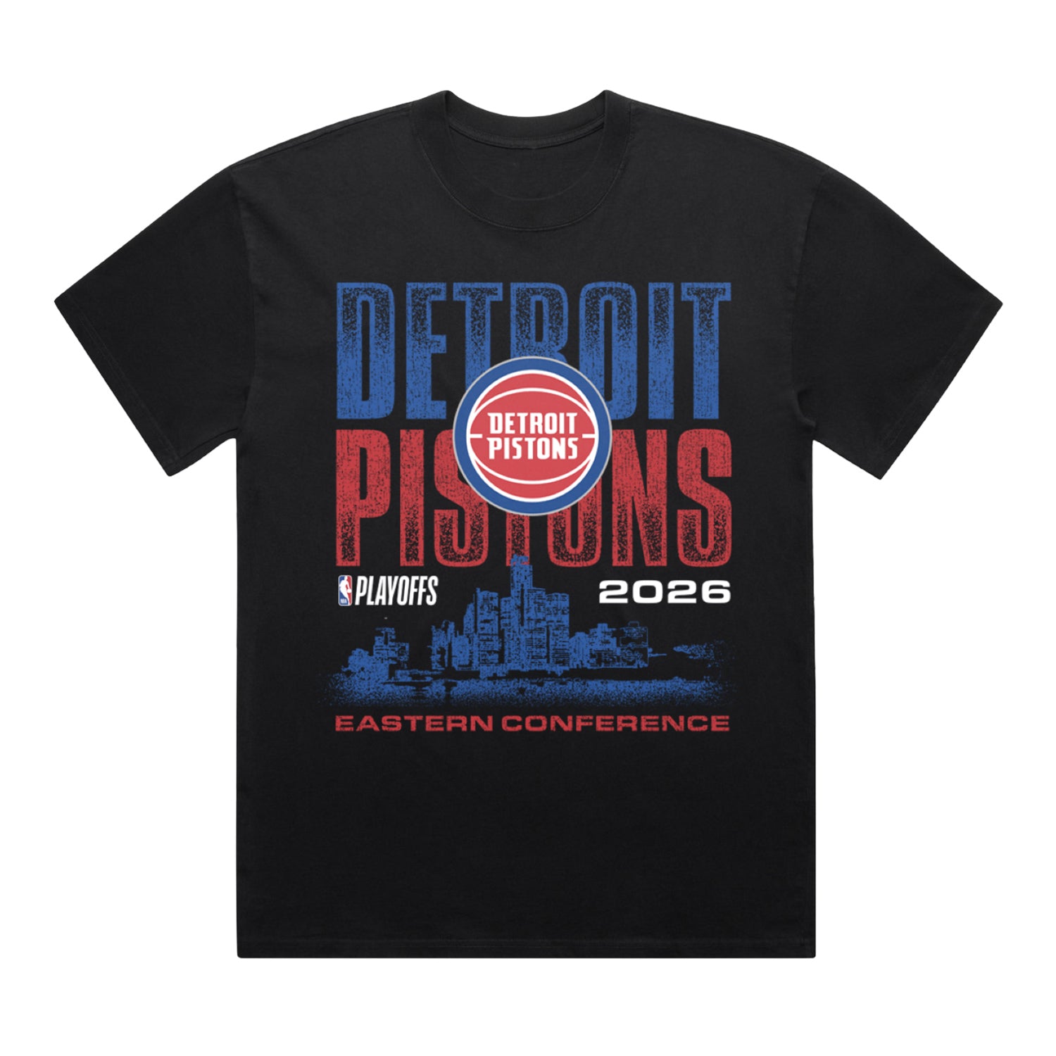 Detroit Pistons Playoffs '26 Skyline T-Shirt in Black - Front View