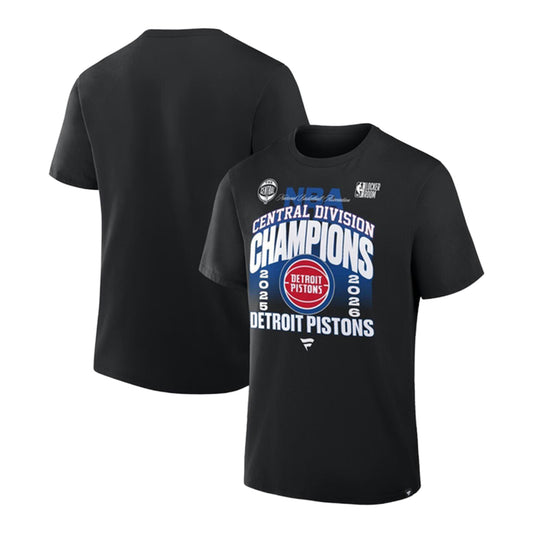 Detroit Pistons 2025-26 Central Division Champs T-Shirt in Black - Front and Back View