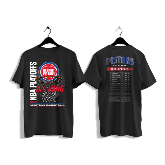 Detroit Pistons Playoffs '26 Roster List T-Shirt in Black - Front and Back View