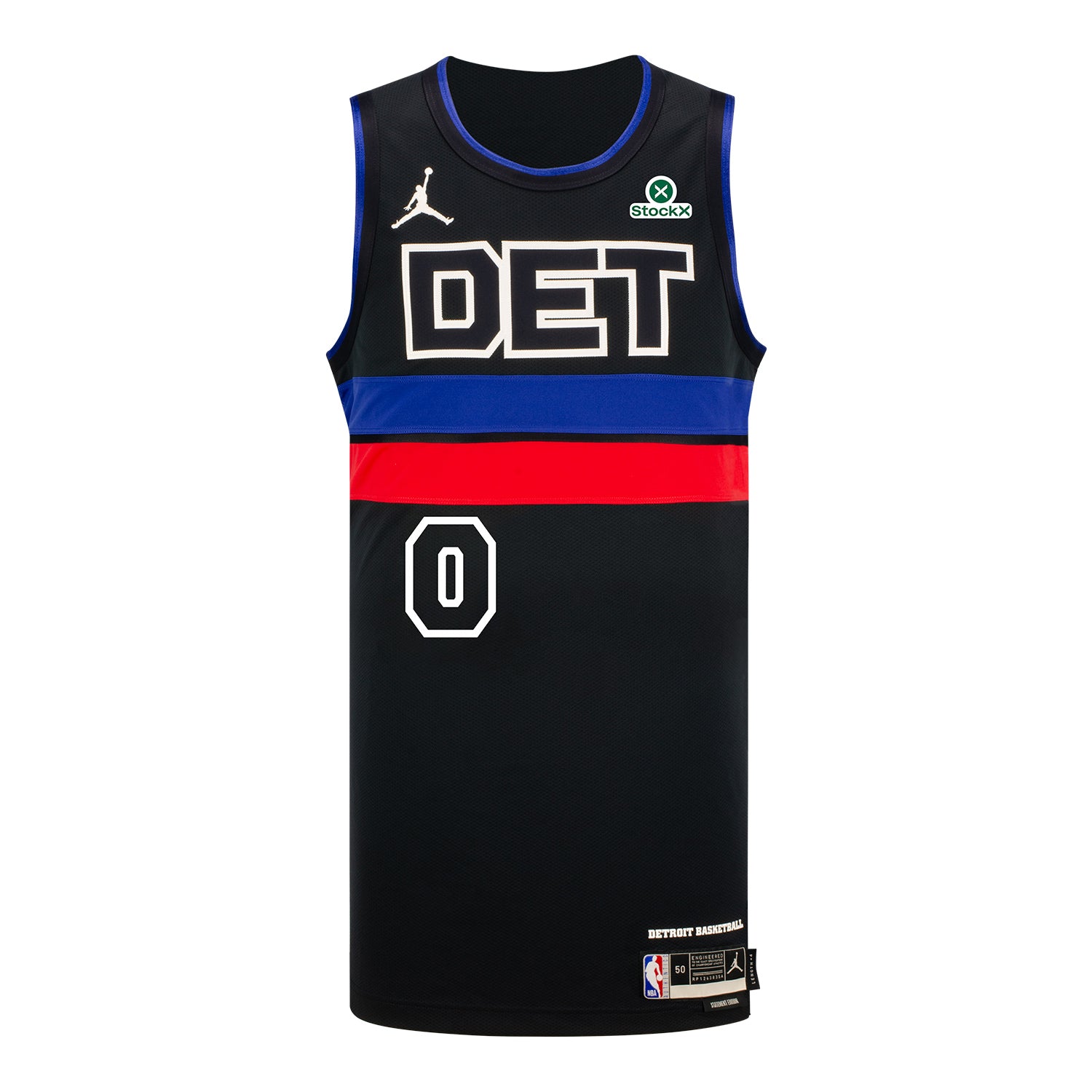 Black basketball jersey with 'DET' and number '0' on a white background