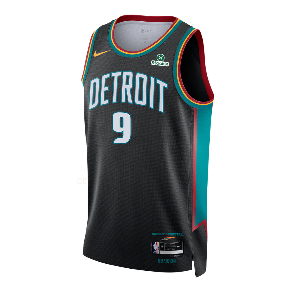 YOUTH 2025-26 DETROIT PISTONS CITY EDITION AUSAR THOMPSON SWINGMAN JERSEY IN NAVY - FRONT VIEW