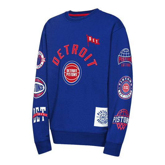 Youth Detroit Pistons Outerstuff Decorated Honor Crewneck in Blue - Front View