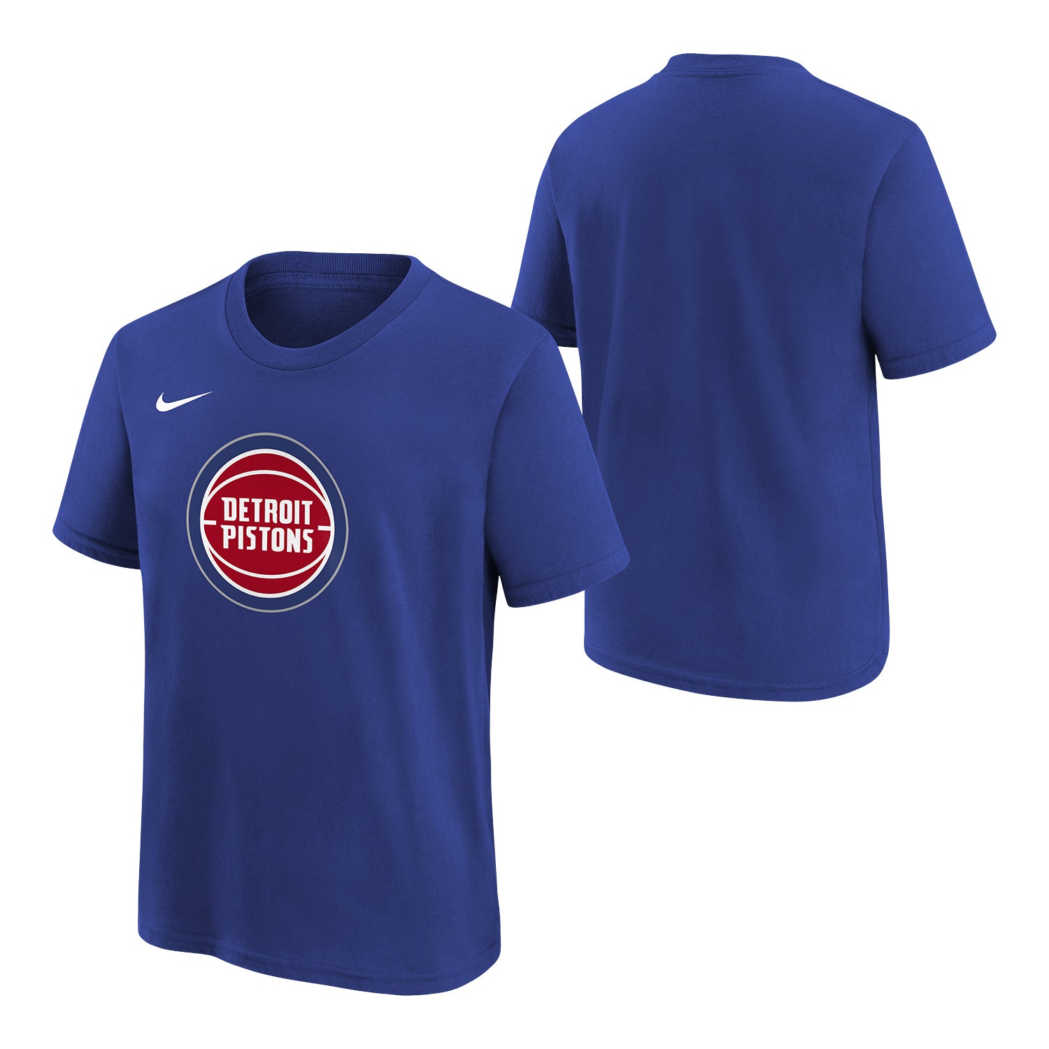 Youth Detroit Pistons Nike Essential Logo T-Shirt in Blue - Front and Back View